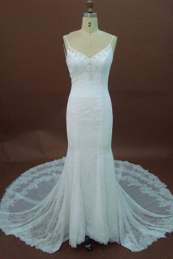 Sexy Trumpet/Mermaid Spaghetti Straps Chapel Train Lace Bridal Wedding Dresses WD010149