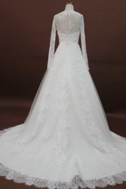 A-line V-neck Long Sleeves Chapel Train Lace Bridal Wedding Dresses WD010169