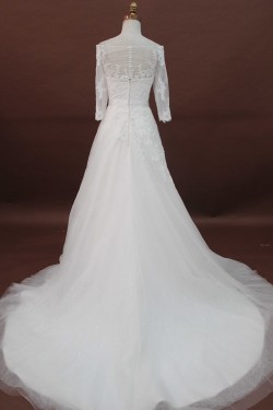 A-line Chapel Train 3/4 Sleeves Lace Bridal Wedding Dresses WD010174