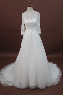 A-line Chapel Train 3/4 Sleeves Lace Bridal Wedding Dresses WD010174