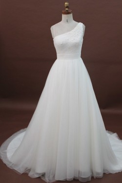 A-line One Shoulder Chapel Train Beaded Bridal Wedding Dresses WD010180