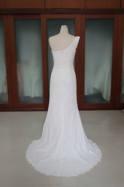 Sheath/Column One Shoulder Beaded Lace and Chiffon Bridal Wedding Dresses WD010190