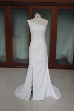 Sheath/Column One Shoulder Beaded Lace and Chiffon Bridal Wedding Dresses WD010190