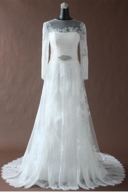 A-line Chapel Train Long Sleeves Lace Bridal Wedding Dresses WD010195