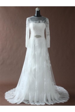 A-line Chapel Train Long Sleeves Lace Bridal Wedding Dresses WD010195