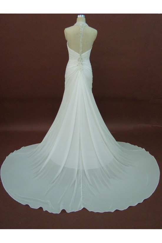 Sheath/Column Halter Sweep Train Beaded Chiffon Bridal Wedding Dresses WD010212