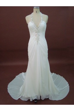 Sheath/Column Halter Sweep Train Beaded Chiffon Bridal Wedding Dresses WD010212