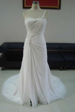 Sheath/Column One Shoulder Sweep Train Bridal Wedding Dresses WD010213