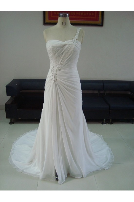 Sheath/Column One Shoulder Sweep Train Bridal Wedding Dresses WD010213