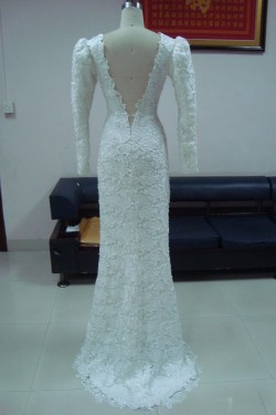 Trumpet/Mermaid Long Sleeves V-neck Low V-back Lace Bridal Wedding Dresses WD010214