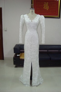 Trumpet/Mermaid Long Sleeves V-neck Low V-back Lace Bridal Wedding Dresses WD010214