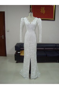 Trumpet/Mermaid Long Sleeves V-neck Low V-back Lace Bridal Wedding Dresses WD010214