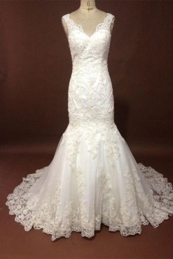 Trumpet/Mermaid V-neck Straps Sleeveless Lace Bridal Wedding Dresses WD010225