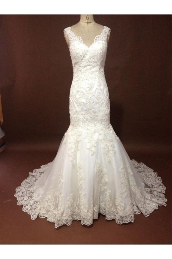 Trumpet/Mermaid V-neck Straps Sleeveless Lace Bridal Wedding Dresses WD010225