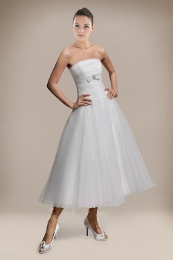 A-line Strapless Tea Length Bridal Wedding Dresses WD010228