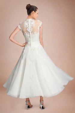 A-line Short Sleeves Tea Length Lace Bridal Wedding Dresses WD010290