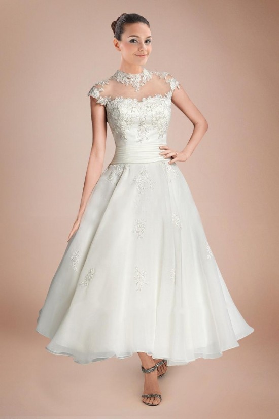 A-line Short Sleeves Tea Length Lace Bridal Wedding Dresses WD010290 A-line Short Sleeves Tea Length Lace Bridal Wedding Dresses WD010290