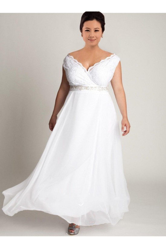 A-line Off the Shoulder Lace and Chiffon Plus Size Bridal Wedding Dresses WD010309
