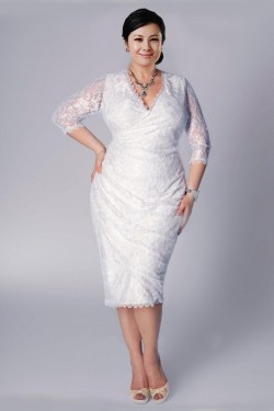 Sheath 3/4 Sleeves V-neck Lace Short Plus Size Bridal Wedding Dresses WD010310