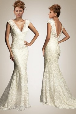 Trumpet/Mermaid V-neck Court Train Lace Bridal Wedding Dresses WD010356