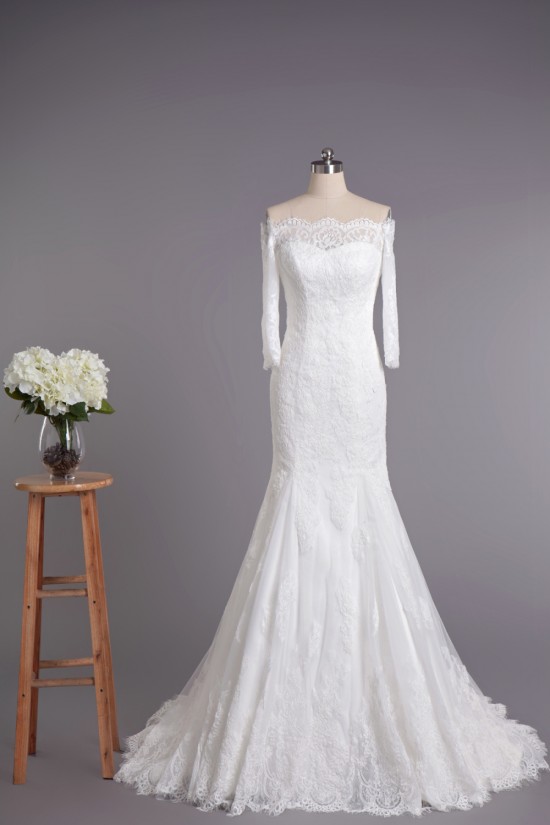 Trumpet/Mermaid Off the Shoulder 3/4 Sleeves Lace Bridal Wedding Dresses WD010418 Trumpet/Mermaid Off the Shoulder 3/4 Sleeves Lace Bridal Wedding Dresses WD010418