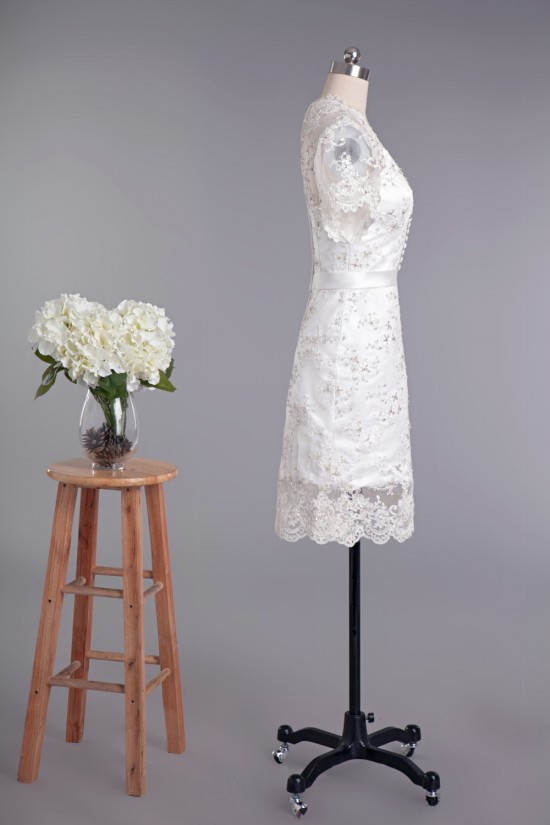 Sheath Short V-neck Short Sleeves Beaded Lace Bridal Wedding Dresses WD010421 Sheath Short V-neck Short Sleeves Beaded Lace Bridal Wedding Dresses WD010421