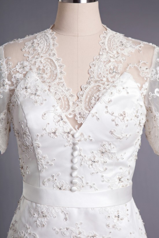 Sheath Short V-neck Short Sleeves Beaded Lace Bridal Wedding Dresses WD010421 Sheath Short V-neck Short Sleeves Beaded Lace Bridal Wedding Dresses WD010421