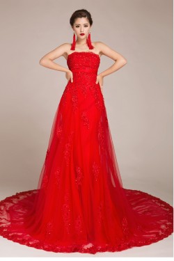 A-line Strapless Beaded Lace Applique Bridal Gown Wedding Dress WD010432