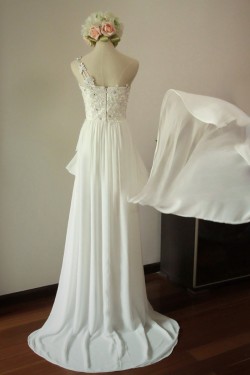 High Low One Shoulder Beaded Lace Chiffon Bridal Gown Wedding Dress WD010451