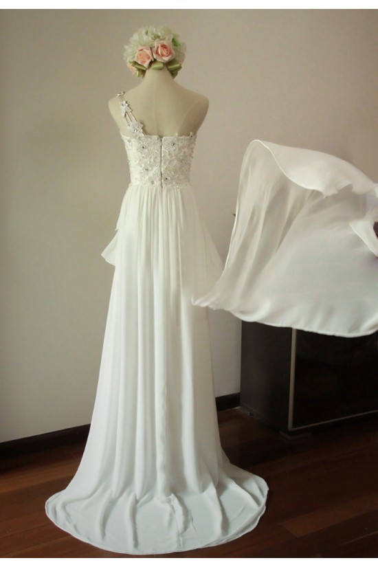 High Low One Shoulder Beaded Lace Chiffon Bridal Gown Wedding Dress WD010451
