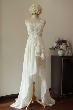 High Low One Shoulder Beaded Lace Chiffon Bridal Gown Wedding Dress WD010451