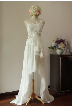 High Low One Shoulder Beaded Lace Chiffon Bridal Gown Wedding Dress WD010451