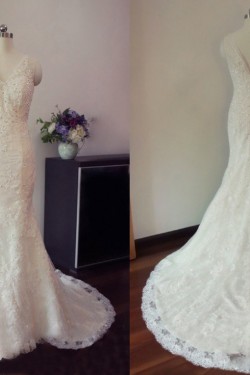 Trumpet/Mermaid V-neck Beaded Lace Bridal Gown Wedding Dress WD010453