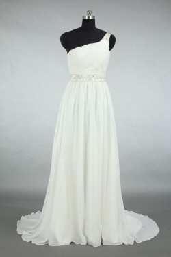 Sheath/Column One Shoulder Beaded Chiffon Bridal Gown Wedding Dress WD010466