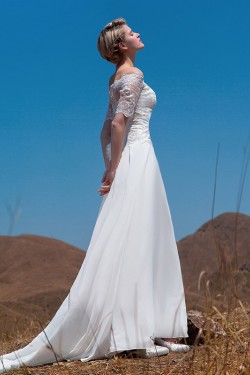 A-line Off the Shoulder Short Sleeves Lace Chiffon Bridal Wedding Dresses WD010510
