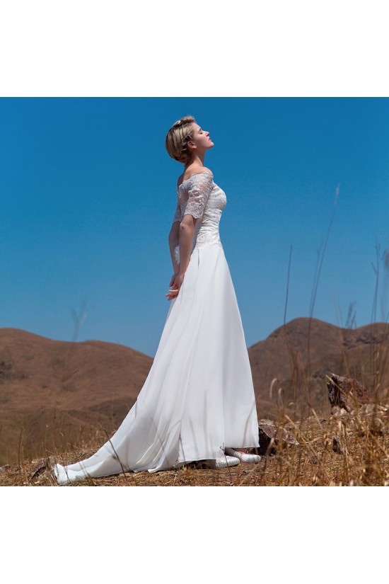 A-line Off the Shoulder Short Sleeves Lace Chiffon Bridal Wedding Dresses WD010510 A-line Off the Shoulder Short Sleeves Lace Chiffon Bridal Wedding Dresses WD010510