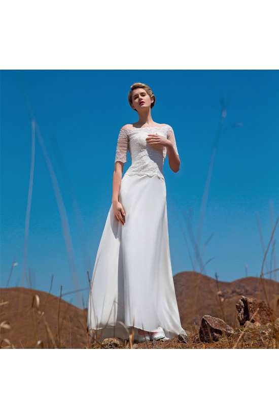 A-line Off the Shoulder Short Sleeves Lace Chiffon Bridal Wedding Dresses WD010510 A-line Off the Shoulder Short Sleeves Lace Chiffon Bridal Wedding Dresses WD010510