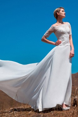 A-line Off the Shoulder Short Sleeves Lace Chiffon Bridal Wedding Dresses WD010510
