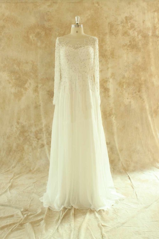 Sheath/Column Beaded Long Sleeves Lace Chiffon Bridal Wedding Dresses WD010525