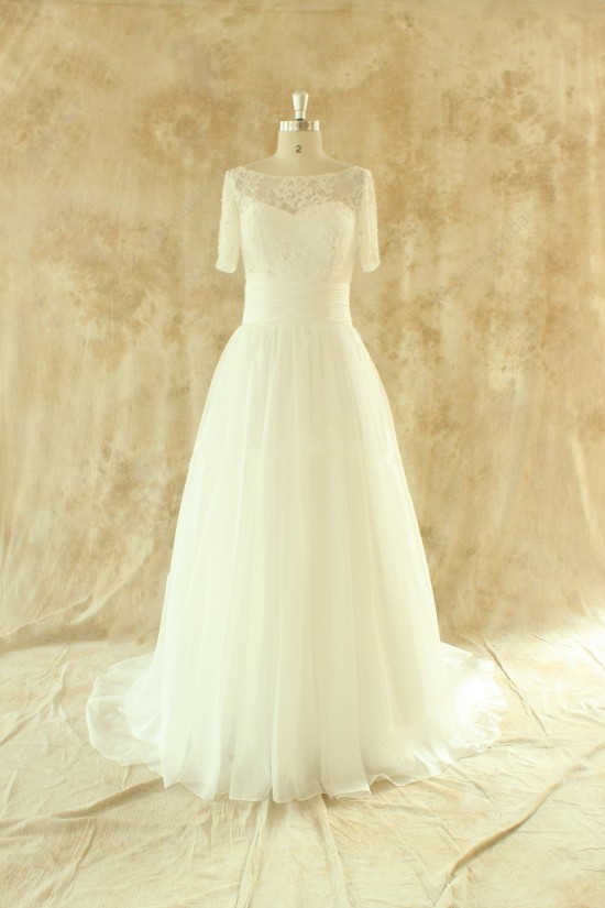 A-line Short Sleeves Chiffon and Lace Bridal Wedding Dresses WD010526