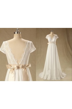 A-line Short Sleeves Chiffon and Lace Bridal Wedding Dresses WD010608
