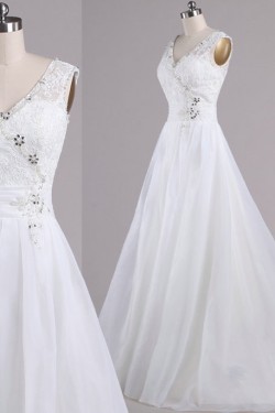 A-line V-neck Beaded Lace Bridal Wedding Dresses WD010617