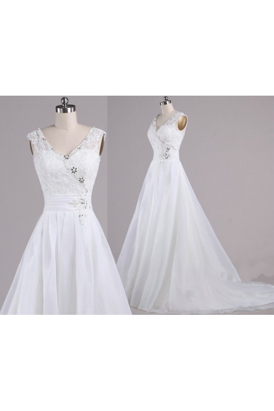 A-line V-neck Beaded Lace Bridal Wedding Dresses WD010617