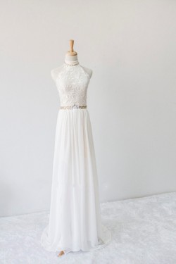 A-line Halter Beaded Lace and Chiffon Bridal Wedding Dresses WD010628