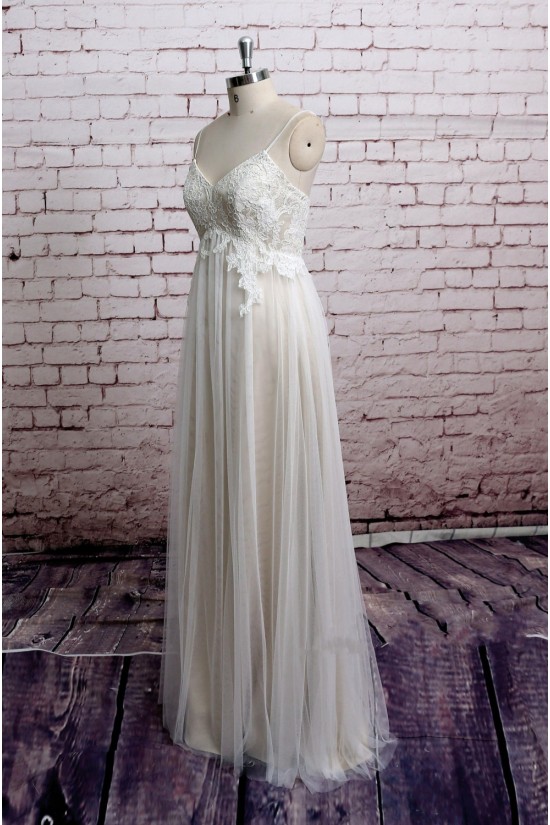 Sheath/Column Spaghetti Strap Tulle and Lace Bridal Wedding Dresses WD010687