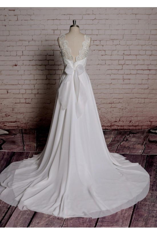 A-line V-neck Lace Bowknot Bridal Wedding Dresses WD010690