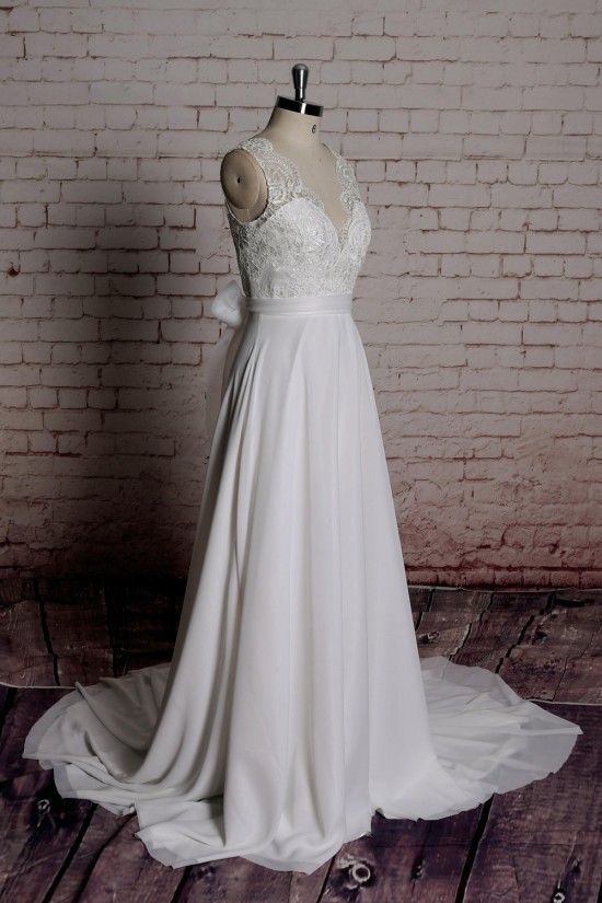 A-line V-neck Lace Bowknot Bridal Wedding Dresses WD010690