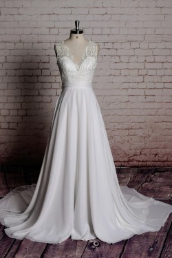A-line V-neck Lace Bowknot Bridal Wedding Dresses WD010690