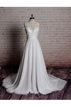 A-line V-neck Lace Bowknot Bridal Wedding Dresses WD010690
