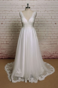 A-line V-neck Lace Bridal Wedding Dresses WD010696